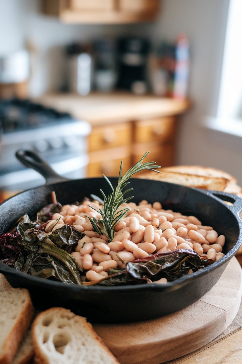Indoor photo of a cast-iron skillet filled with creamy white beans, wilted chard, and sprigs of rosemary resting on top. No text or logos.