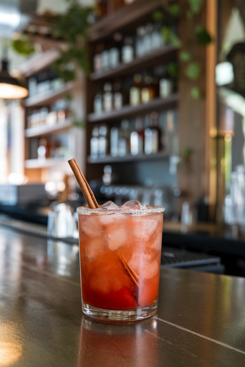 Indoor bar, lowball glass of smoky red mezcal margarita, cinnamon-stick stirrer, no text or logos.