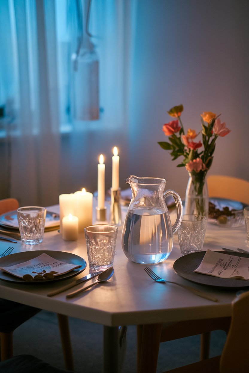Indoor family dinner table with a clear water pitcher and glasses set within easy reach of all diners. Gentle evening lighting, no text or logos.