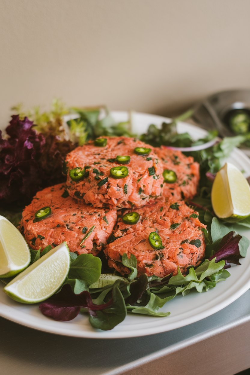 An indoor counter showing salmon cakes flecked with green jalapeño pieces, served on a plate with lime wedges and mixed-greens salad. No logos or text seen.