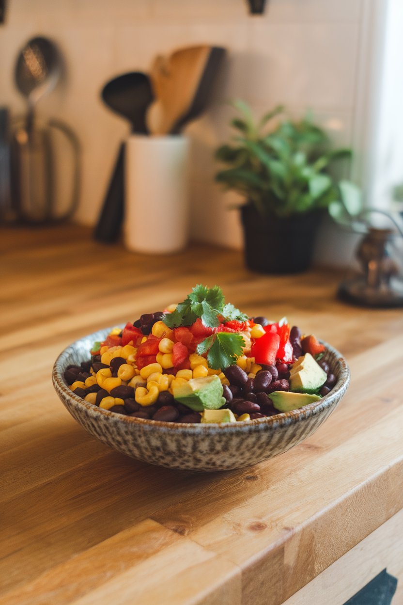 An indoor kitchen island showing a colorful salad of black beans, corn kernels, diced tomatoes, red bell pepper, avocado chunks, and cilantro in a rustic bowl. Photo only, no text or logos.