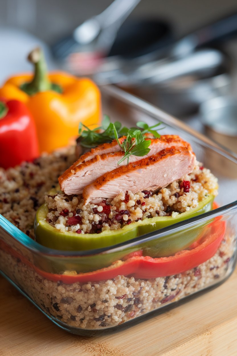 Indoor food photo of deconstructed stuffed pepper bowl—colorful peppers, quinoa, and turkey—layered in a glass dish; no text or logos.