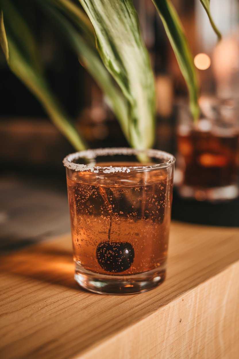 Photo of dark-brown fizzy shots with maraschino cherry sinking, indoor bar; no text or logos.