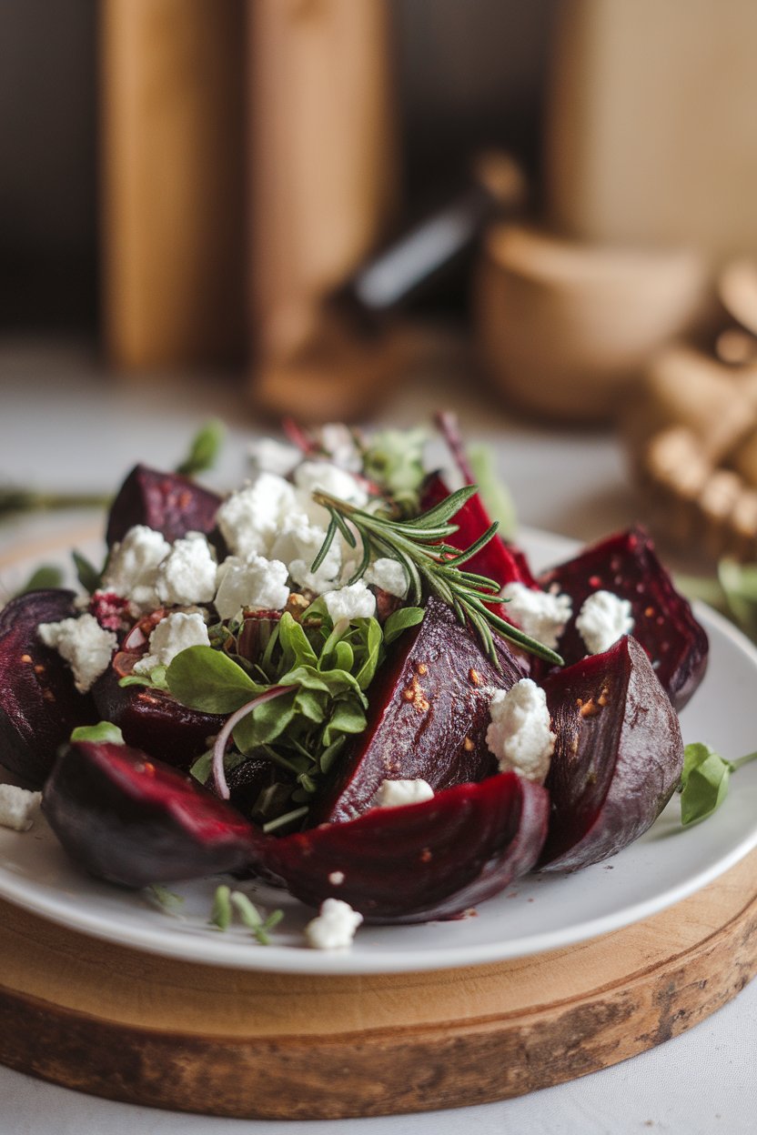 Photo of roasted beet wedges, crumbled goat cheese, and baby spring mix arranged on a white plate indoors, no text or logos.