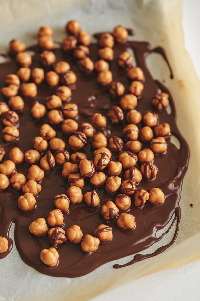 Indoor photo of roasted chickpeas coated in dark chocolate, spread on parchment. No text or logos.