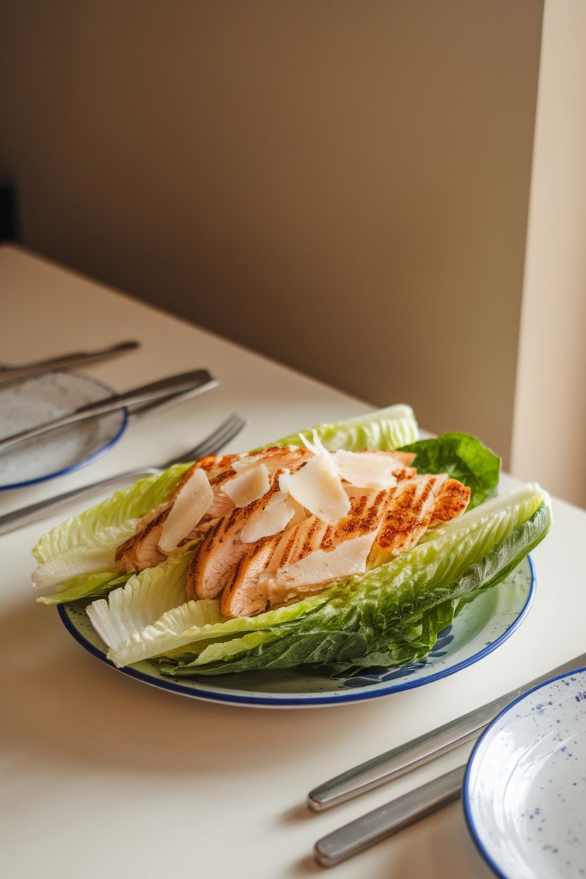 An indoor dining table featuring romaine leaves filled with grilled chicken strips, shaved Parmesan, and a light yogurt Caesar dressing; no text or logos; photo