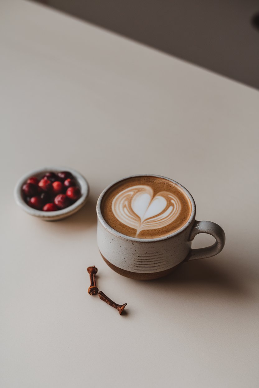 Minimalist indoor setting with a small ceramic cup of flat white bearing latte art and a tiny dish of cranberries with a clove or two beside it. No text or logos visible. Photo only.