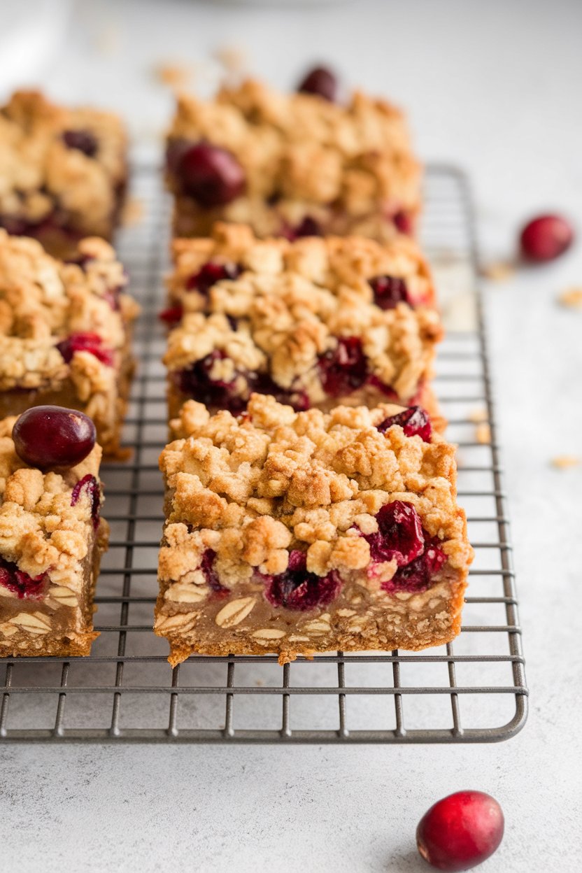 Indoor photo of golden baked oat squares with visible cranberries, cooling on a wire rack. No text or logos.