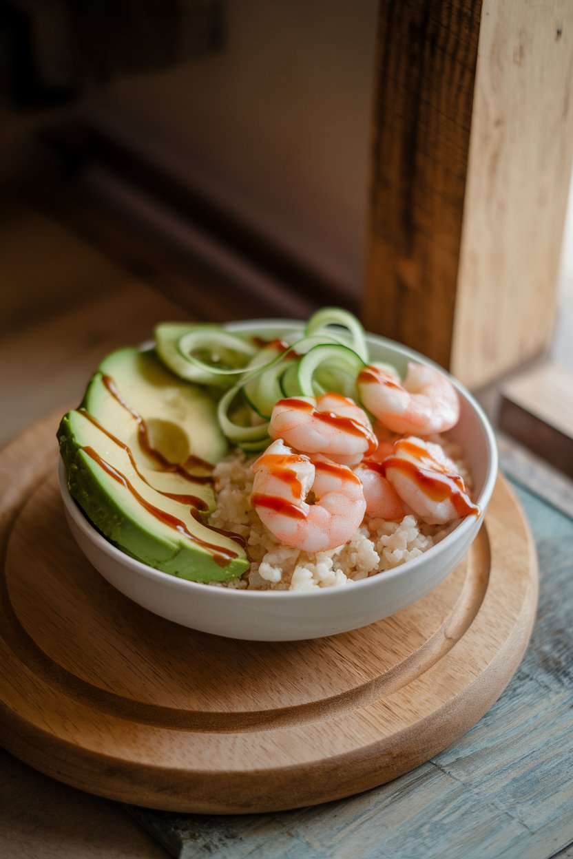 Indoor bowl featuring cauliflower rice, avocado slices, cucumber ribbons, cooked shrimp, and a drizzle of soy sauce; soft spotlight; photo, no text or logos.
