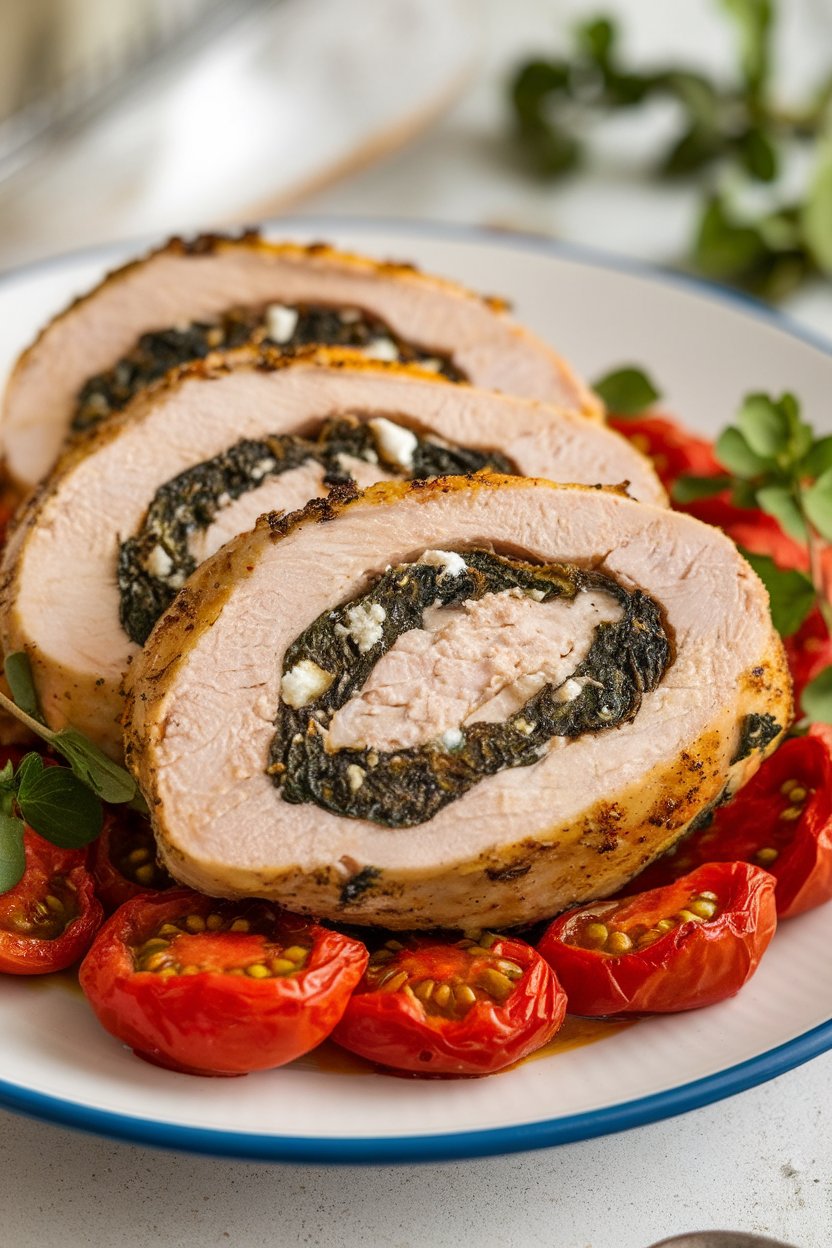 A dinner plate indoors with a sliced stuffed chicken breast revealing spinach and feta filling, served with roasted tomatoes; no text or logos; photo.