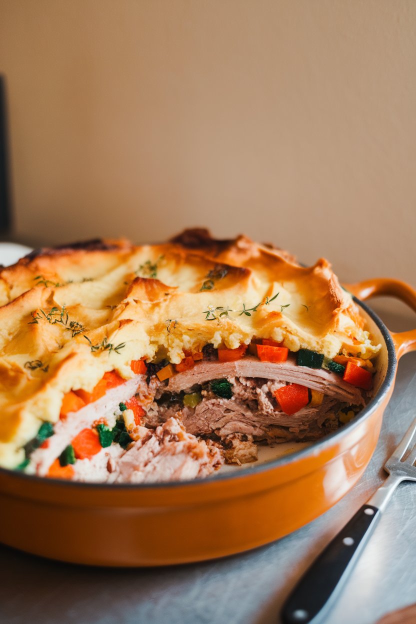 A casserole dish on an indoor table showing a slice removed to reveal layers of turkey, veggies, and mashed potato topping. No logos. Photo.