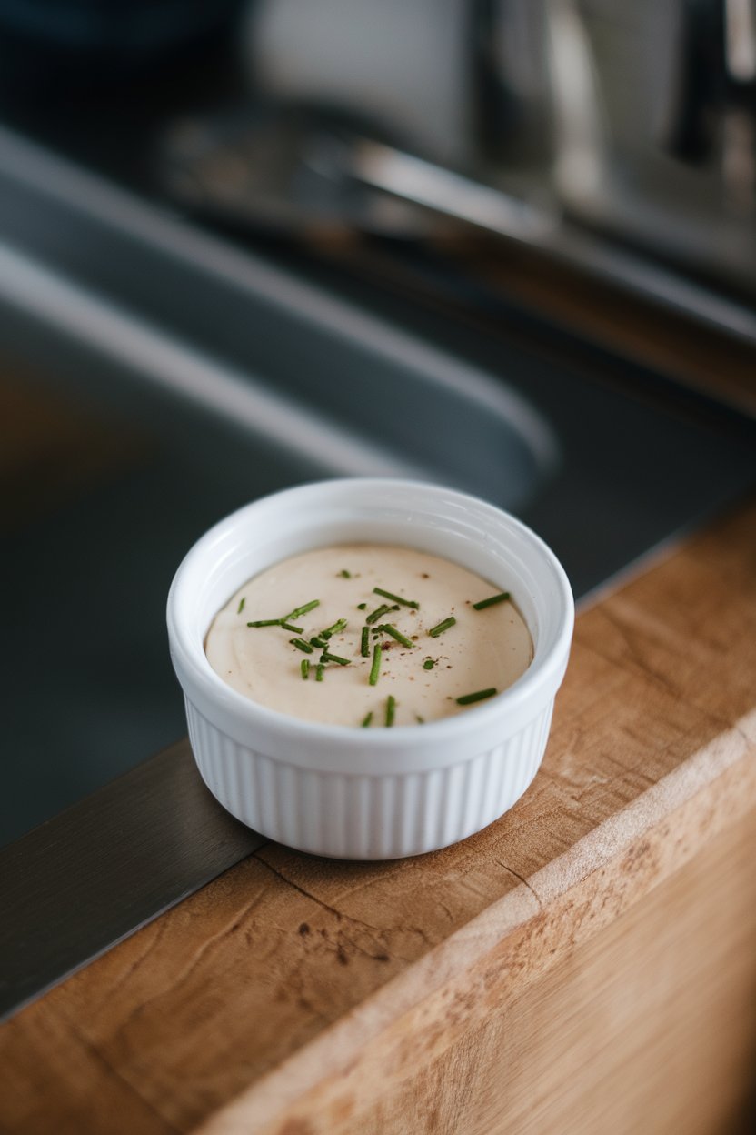 A small ramekin indoors containing pale creamy sauce with a sprinkle of chives, no text or logos. Photo.