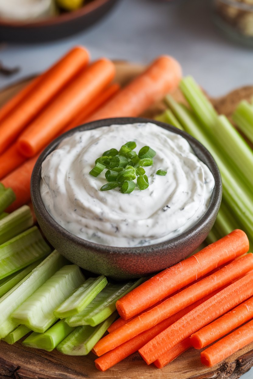 An indoor bowl of thick ranch-style dip made from Greek yogurt, surrounded by carrot and celery sticks; no text or logos.