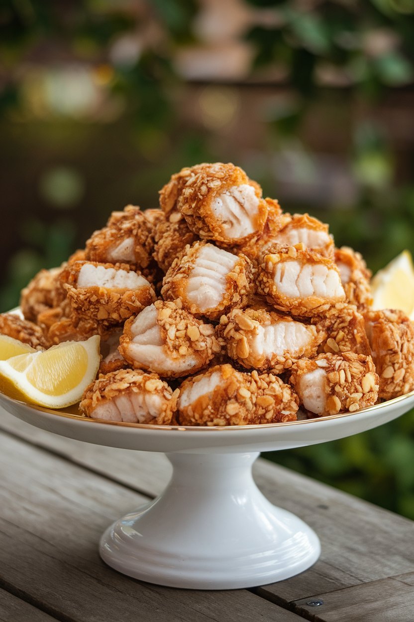 A white serving platter on an indoor table piled with crispy cod nuggets coated in crushed almonds, accompanied by lemon wedges. No logos. Photo.