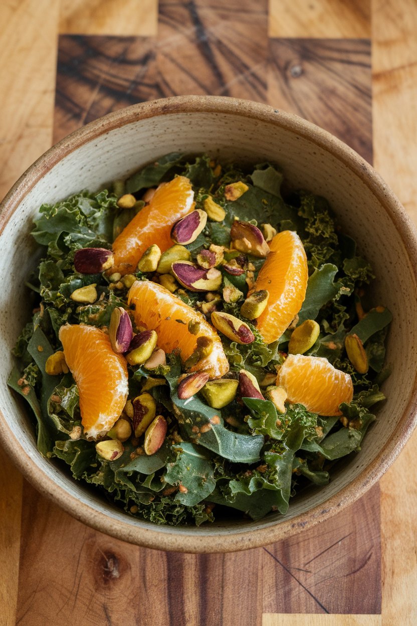 Indoor salad bowl featuring kale ribbons, orange segments, and crushed pistachios. No logos.