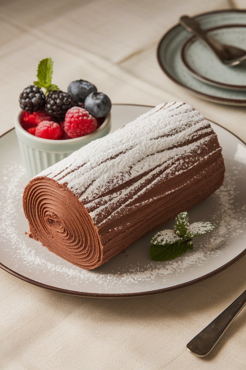 An indoor dessert platter showcasing a chocolate sponge cake rolled and frosted to resemble a log, powdered sugar “snow,” no logos. Photo.