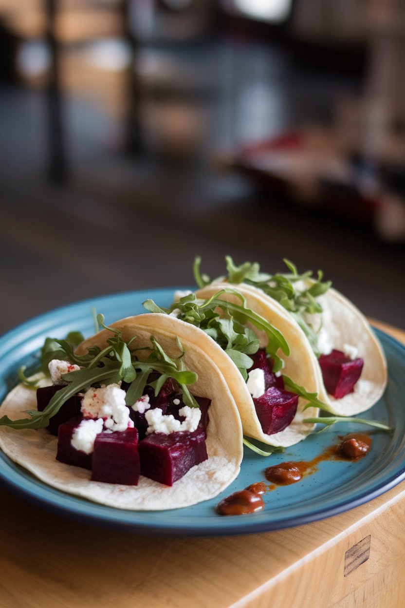 Indoor photo featuring tacos filled with ruby beet cubes, goat cheese crumbles, and arugula. No logos or text.