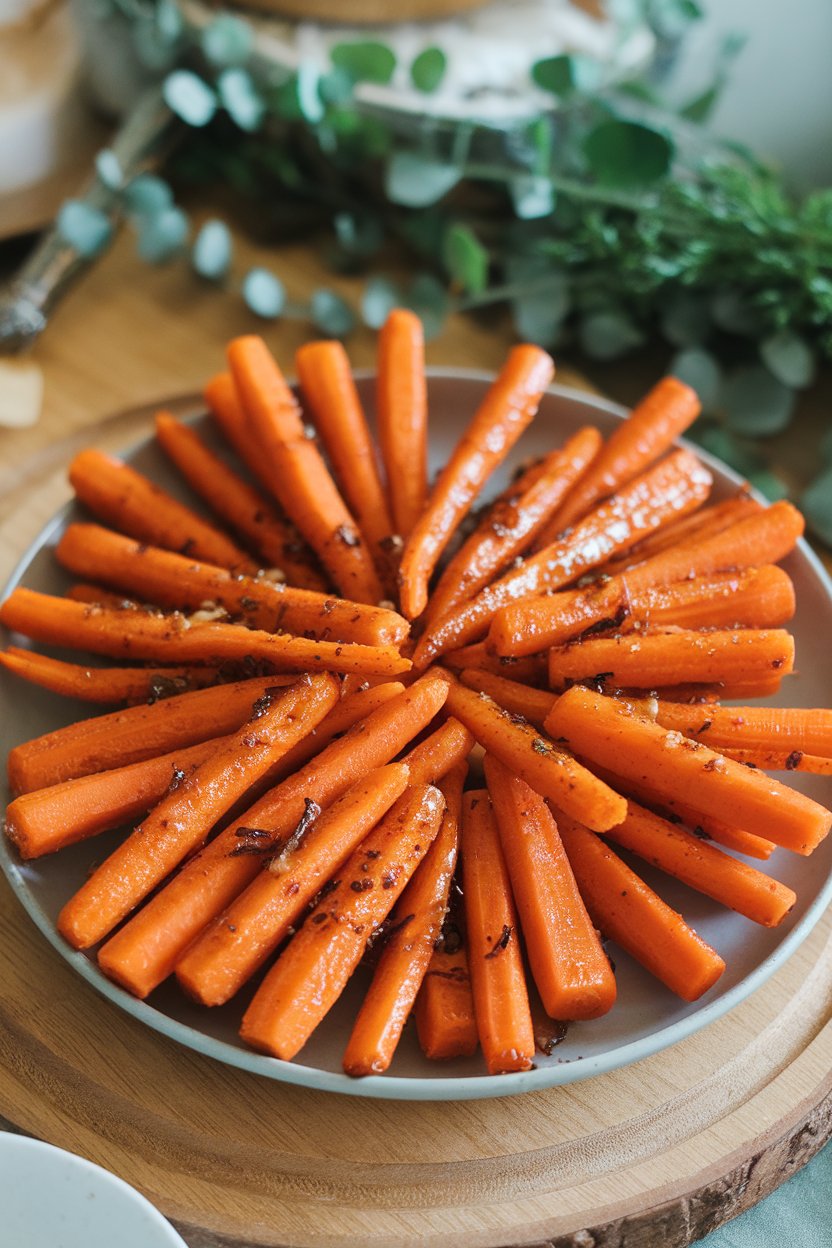 Indoor serving dish of roasted carrot sticks glazed with honey and garlic—no text or logos.