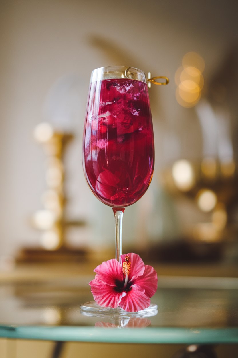 An indoor cocktail table with a flute of vivid magenta Hibiscus Royale, a candied hibiscus flower at the bottom. No text or logos.