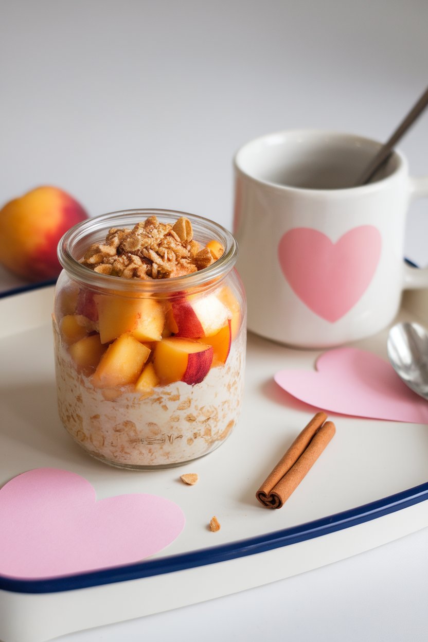 An indoor breakfast tray photo featuring a jar layered with diced peaches, cinnamon-spiced oats, and a sprinkle of crushed almond “crust.” No text or logos. Photo, not illustration.