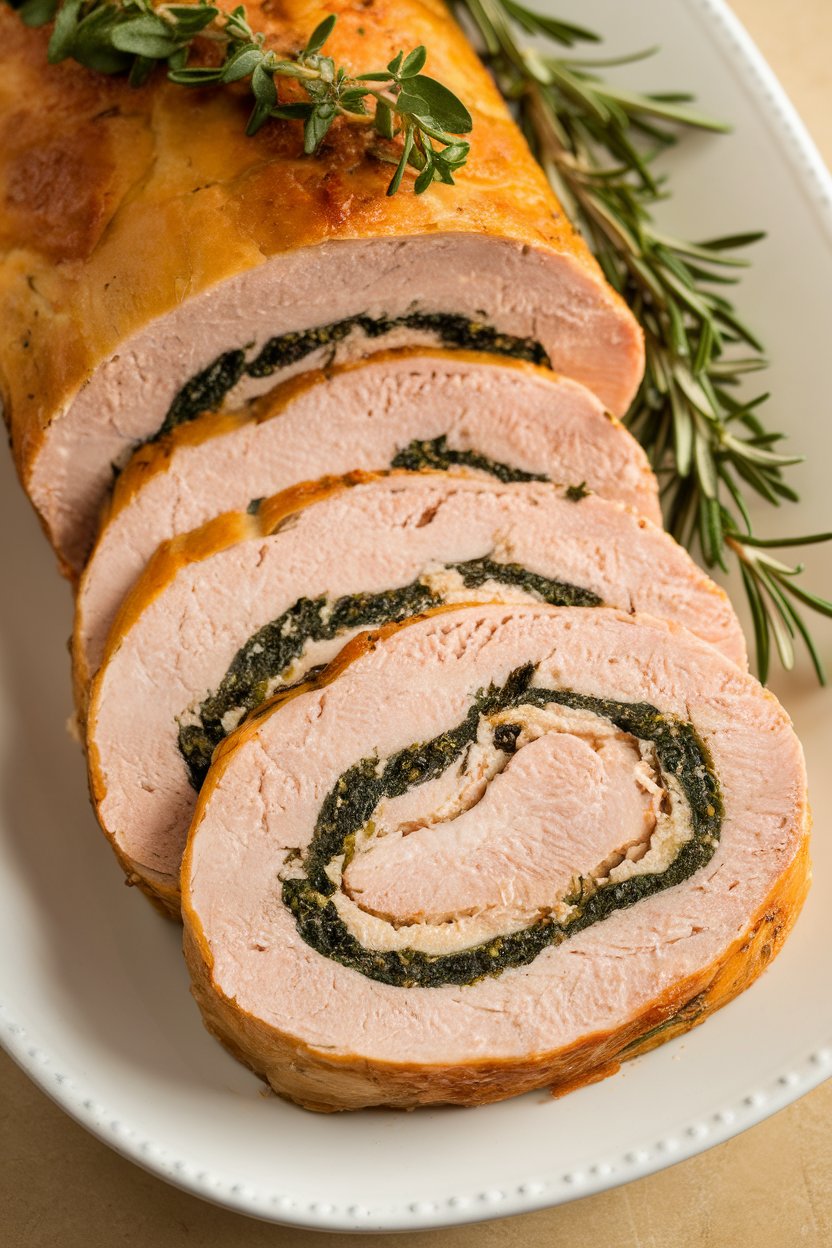 A sliced indoor roulade of turkey breast revealing spinach-ricotta filling, herbs on top; no logos.