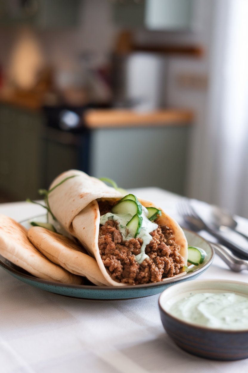 Indoor table showing a wrap filled with ground lamb seasoned with cumin, mint yogurt sauce, and cucumber ribbons. No branding visible.