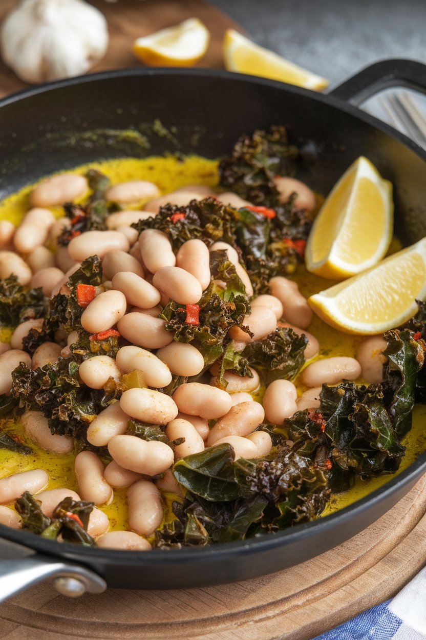 Indoor food photo of cannellini beans and wilted kale with lemon wedges in a skillet; no text or logos.
