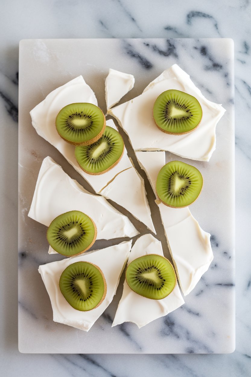 An indoor marble slab with shards of white yogurt bark topped with kiwi slices, photo, no logos.