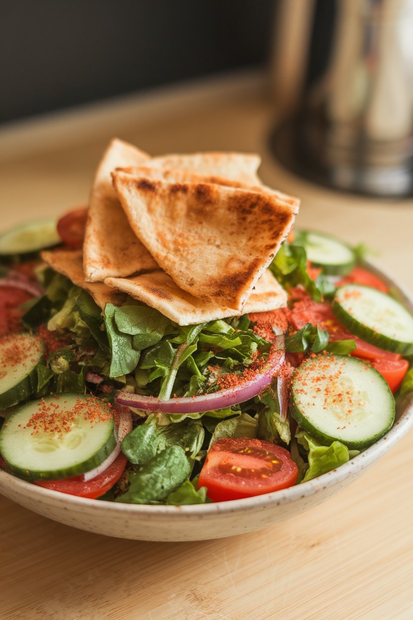 Indoor bowl of bright fattoush salad topped with toasted pita chips, cucumbers, tomatoes, and sumac. No text or logos.
