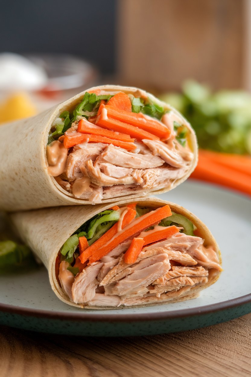 Indoor plate with a whole-grain tortilla wrapped around shredded chicken, julienned carrots, and a light peanut dressing, cut in half to show filling. No text or logos present.