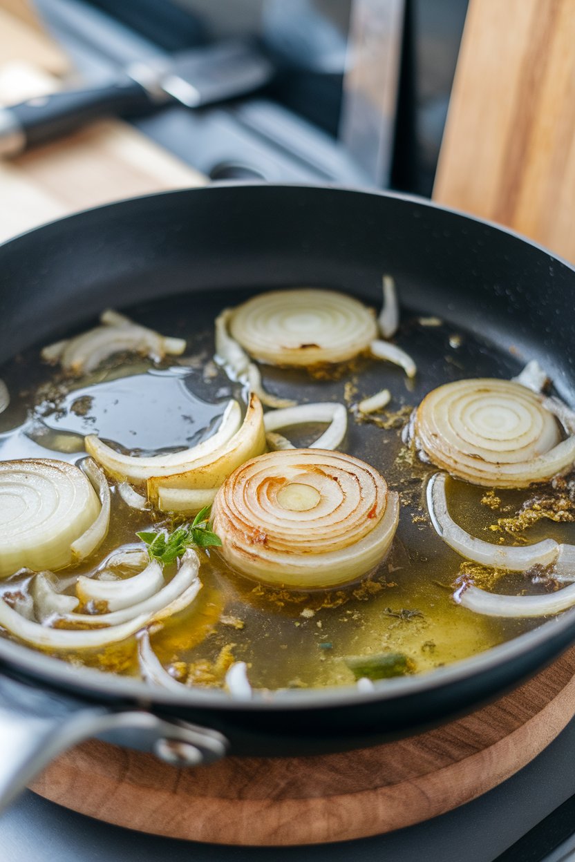 Photo — A skillet indoors with onions sizzling in vegetable broth rather than oil. No text or logos visible.
