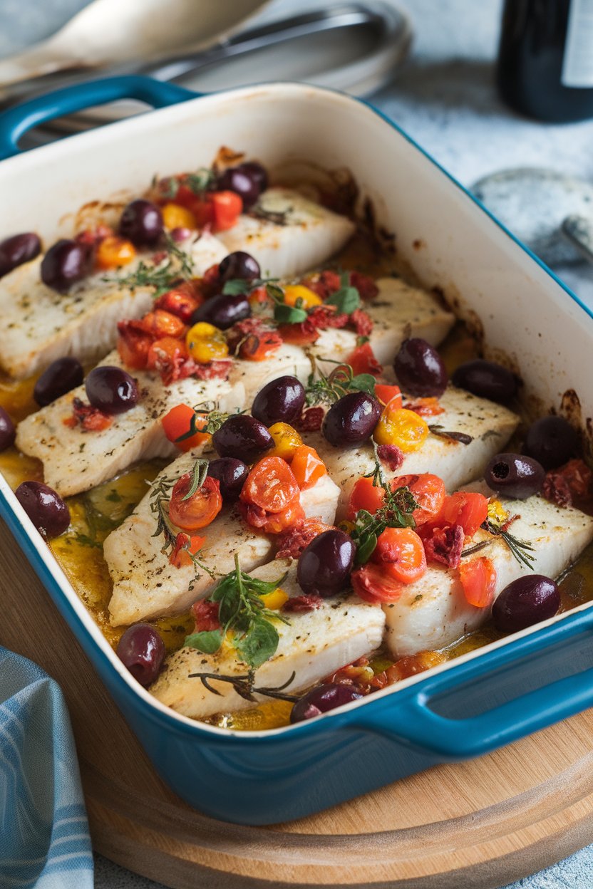 Photo of an indoor casserole dish with baked hake fillets topped by olives, tomatoes, and herbs, no text or logos