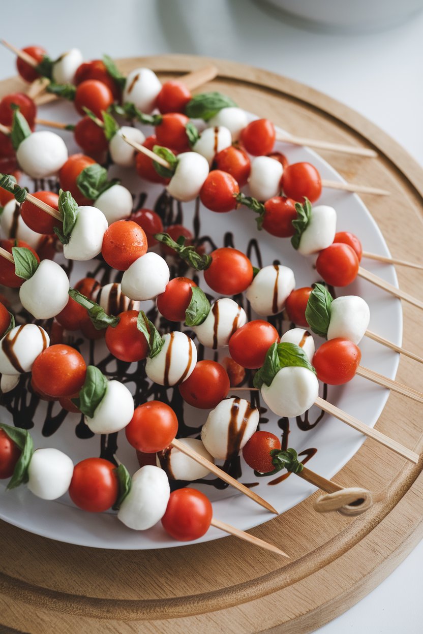 An indoor platter of mini wooden skewers threaded with cherry tomatoes, mozzarella balls, and basil leaves, light drizzle of balsamic, no text or logos.