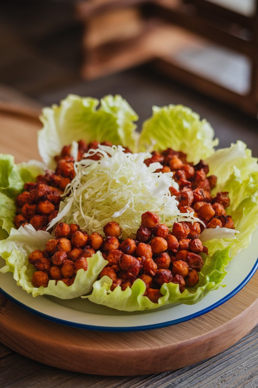 An indoor plate displaying crisp butter lettuce leaves filled with saucy BBQ chickpeas and shredded cabbage. Photo, no text or logos.