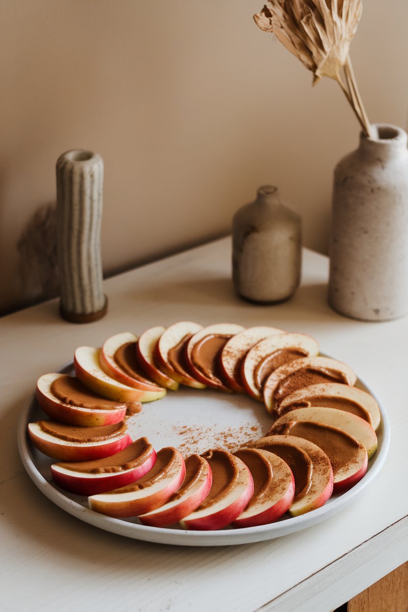 A white plate on an indoor table holding fan-shaped apple slices spread with almond butter and dusted with cinnamon, photo, no text or logos.