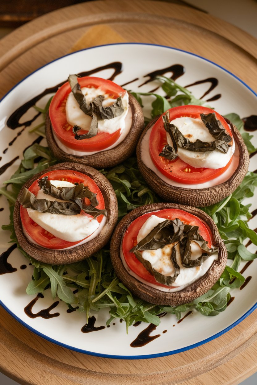Warm indoor plate of broiled portobello caps filled with melted mozzarella, tomato rounds, and basil ribbons. No text or logos present.