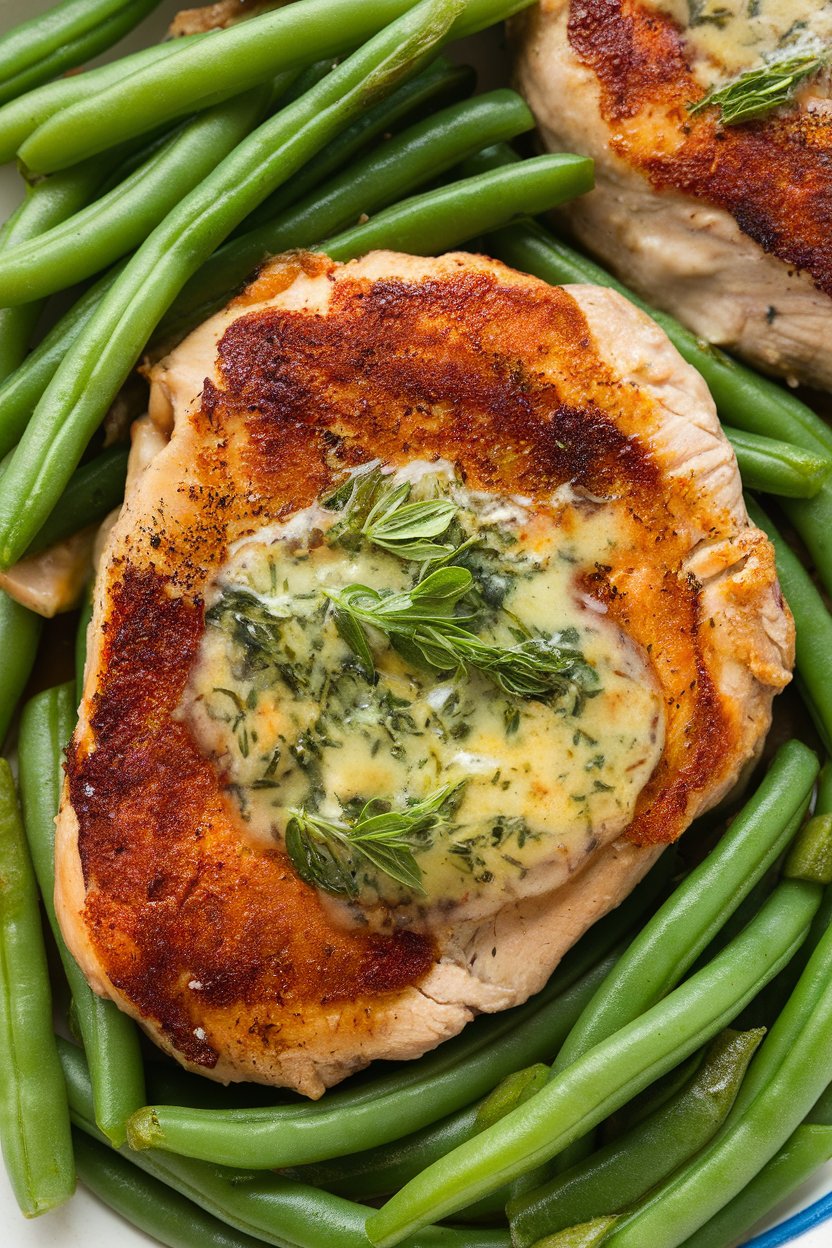 An indoor skillet shot of browned turkey cutlets topped with melting herb butter alongside vibrant green beans; no text or logos.