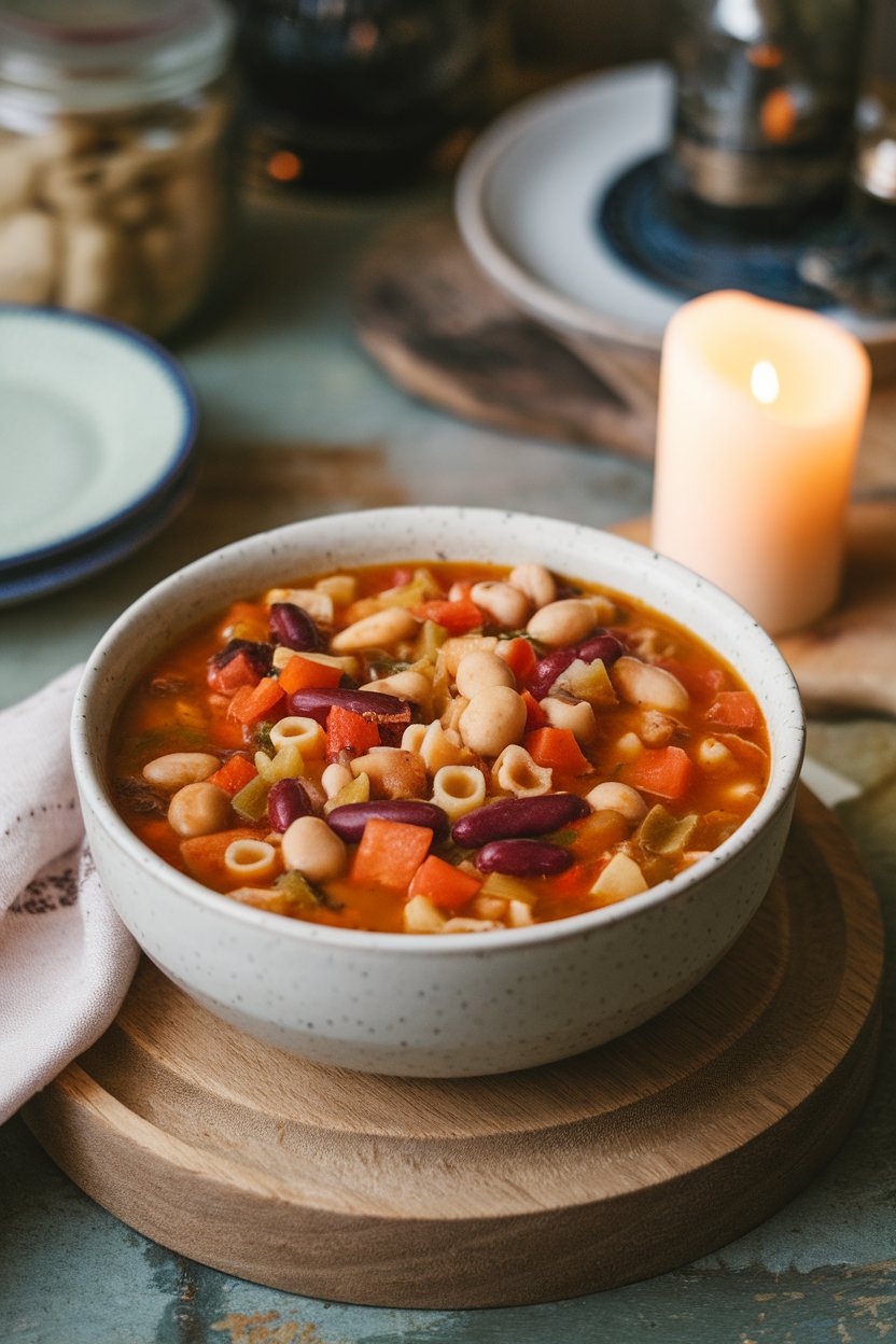Photo of a bowl of minestrone brimming with diced vegetables, beans, and small pasta shapes indoors; no text or logos visible.