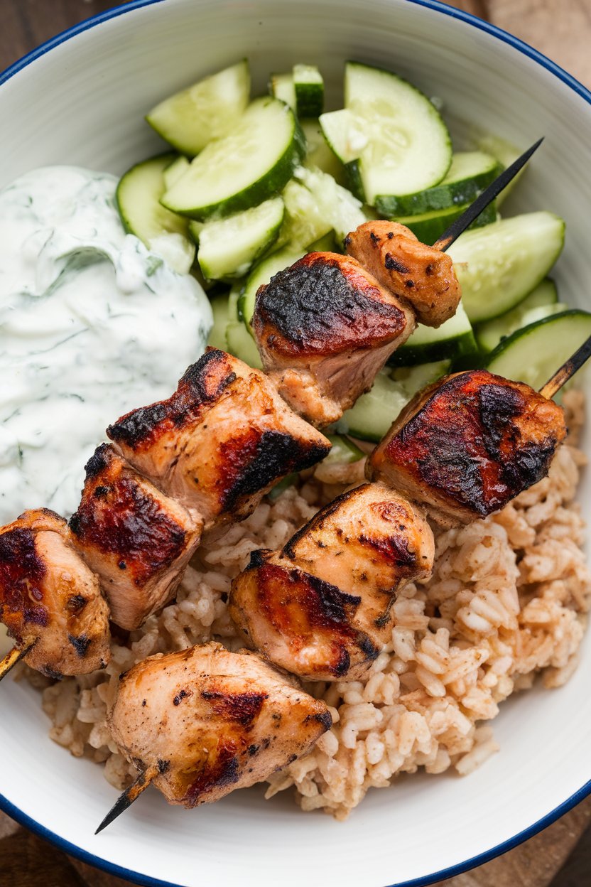 Photo of an indoor serving bowl with grilled chicken skewers over brown rice, cucumber salad, and tzatziki, no text or logos