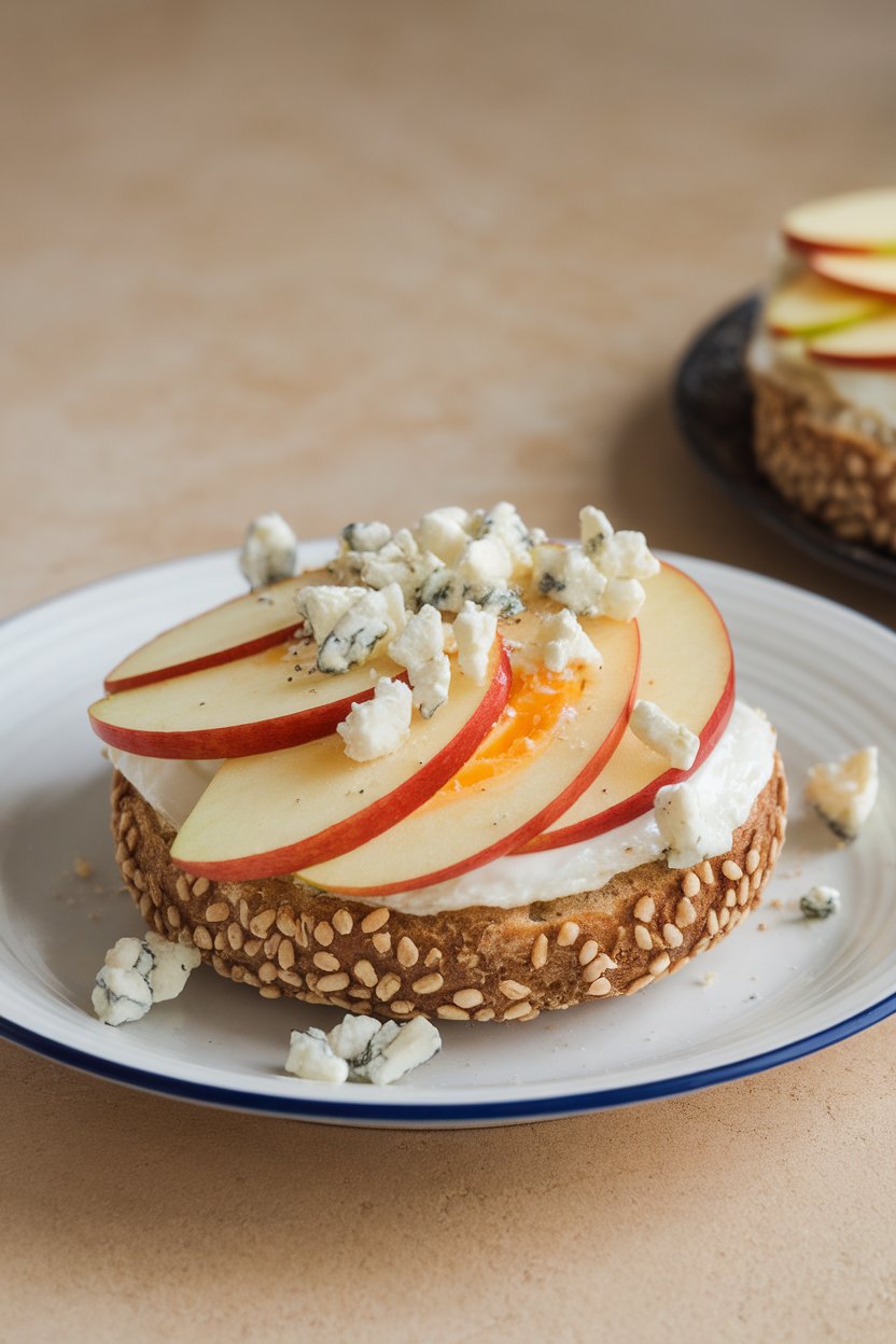 A whole-grain English muffin indoors filled with a fluffy egg, thin apple slices, and crumbled blue cheese, photographed side view. No logos or text.