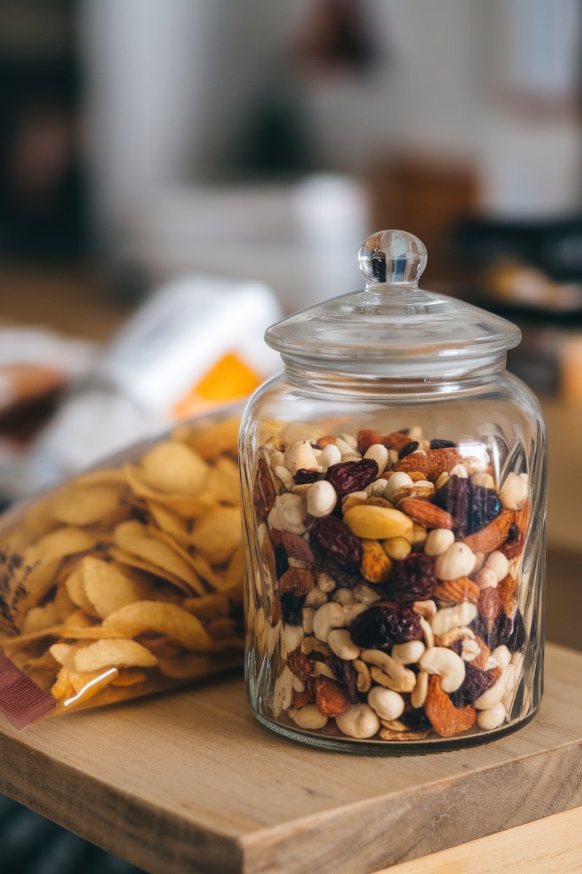 A clear indoor glass jar of mixed nuts and dried fruit on a countertop beside an opaque bag of chips pushed farther back, no text or logos, photo only