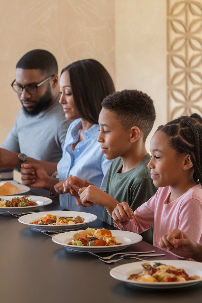 Photo — A family seated at a dining table indoors, hands gently resting beside plates, pausing in quiet appreciation. No text or logos present.