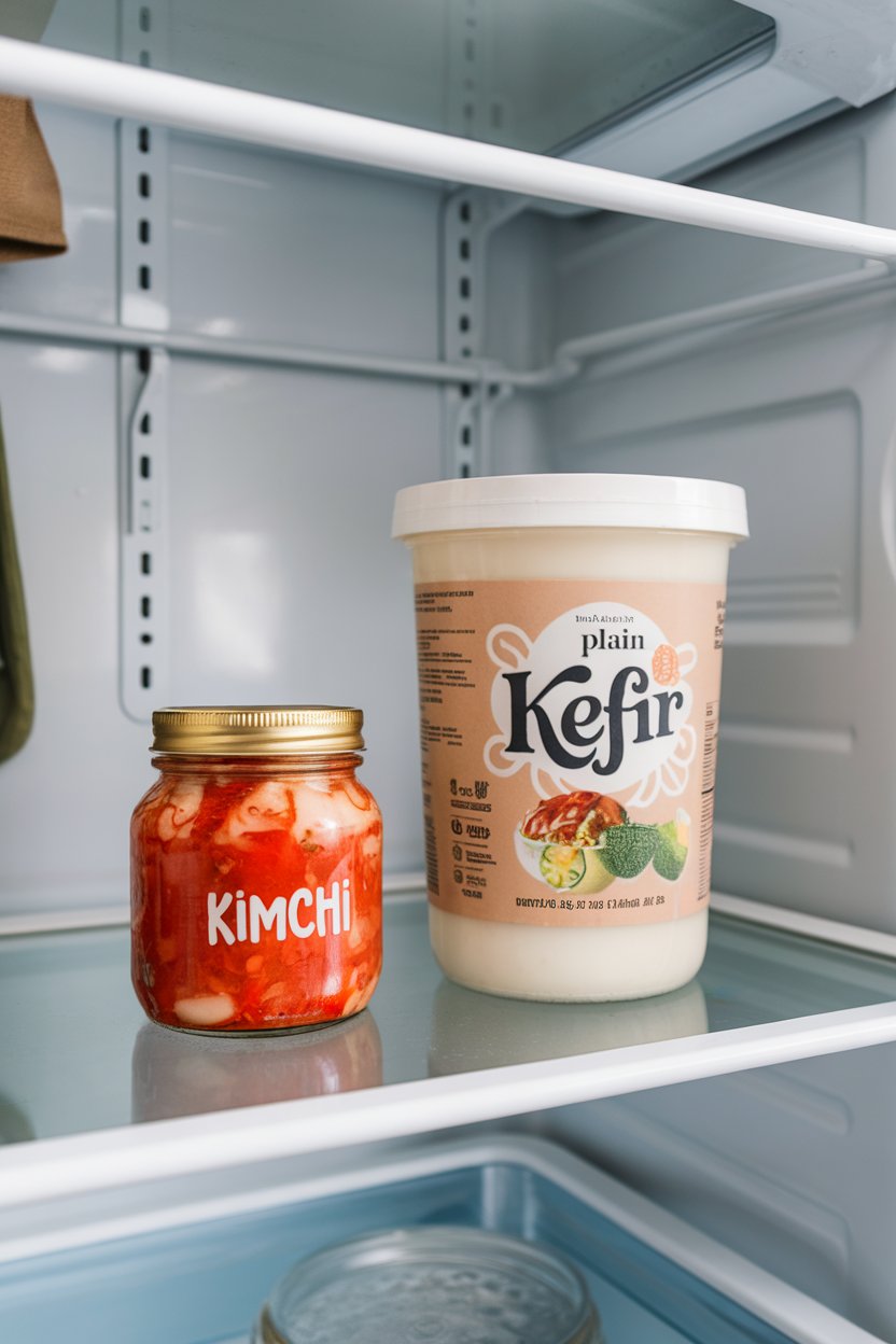 An indoor refrigerator shelf view showing a small jar of kimchi and a tub of plain kefir, no text or logos, photo only