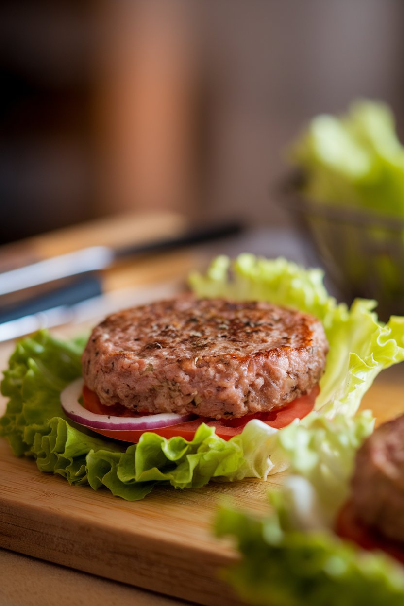 Indoor photo of a juicy turkey burger patty wrapped in crisp butter lettuce leaves, tomato and onion slices peeking out, no text or logos