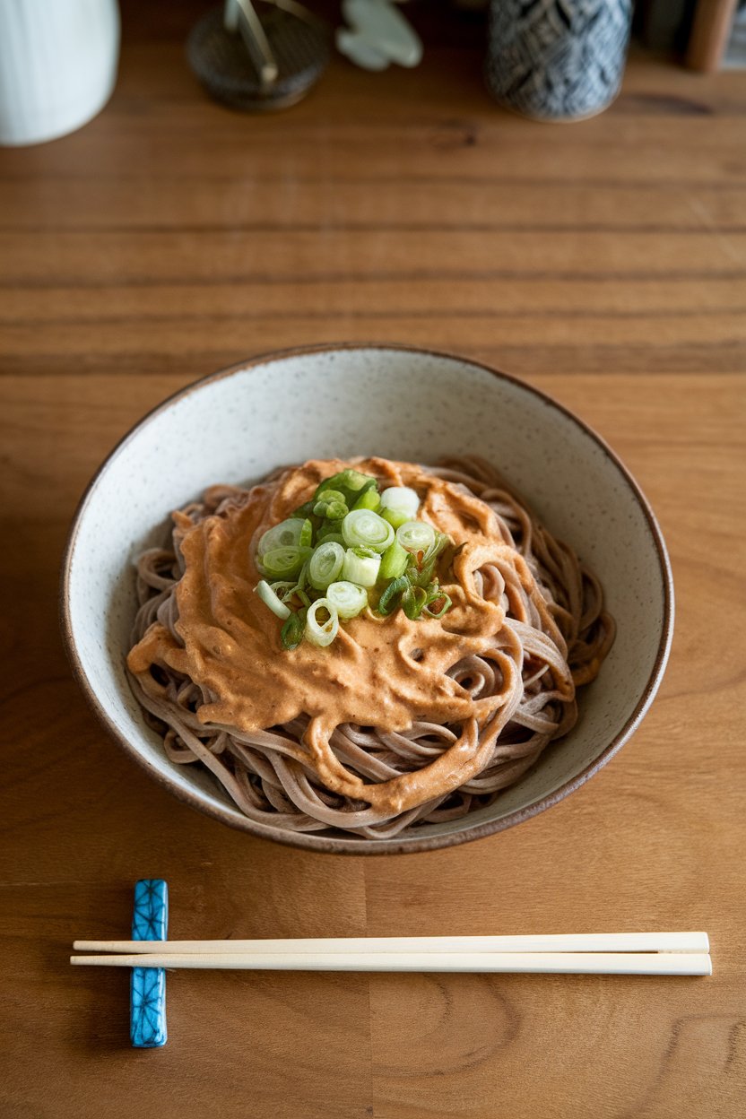 Indoor dinner table photo of a shallow bowl filled with buckwheat soba noodles coated in creamy peanut sauce, topped with sliced scallions. No text or logos visible.