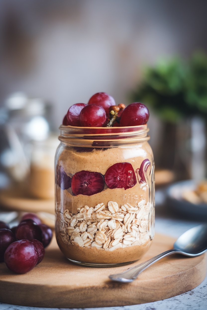 Indoor breakfast bar view of a jar layered with natural peanut butter, oats, and halved red grapes on top. No logos or text. Photo not illustration.