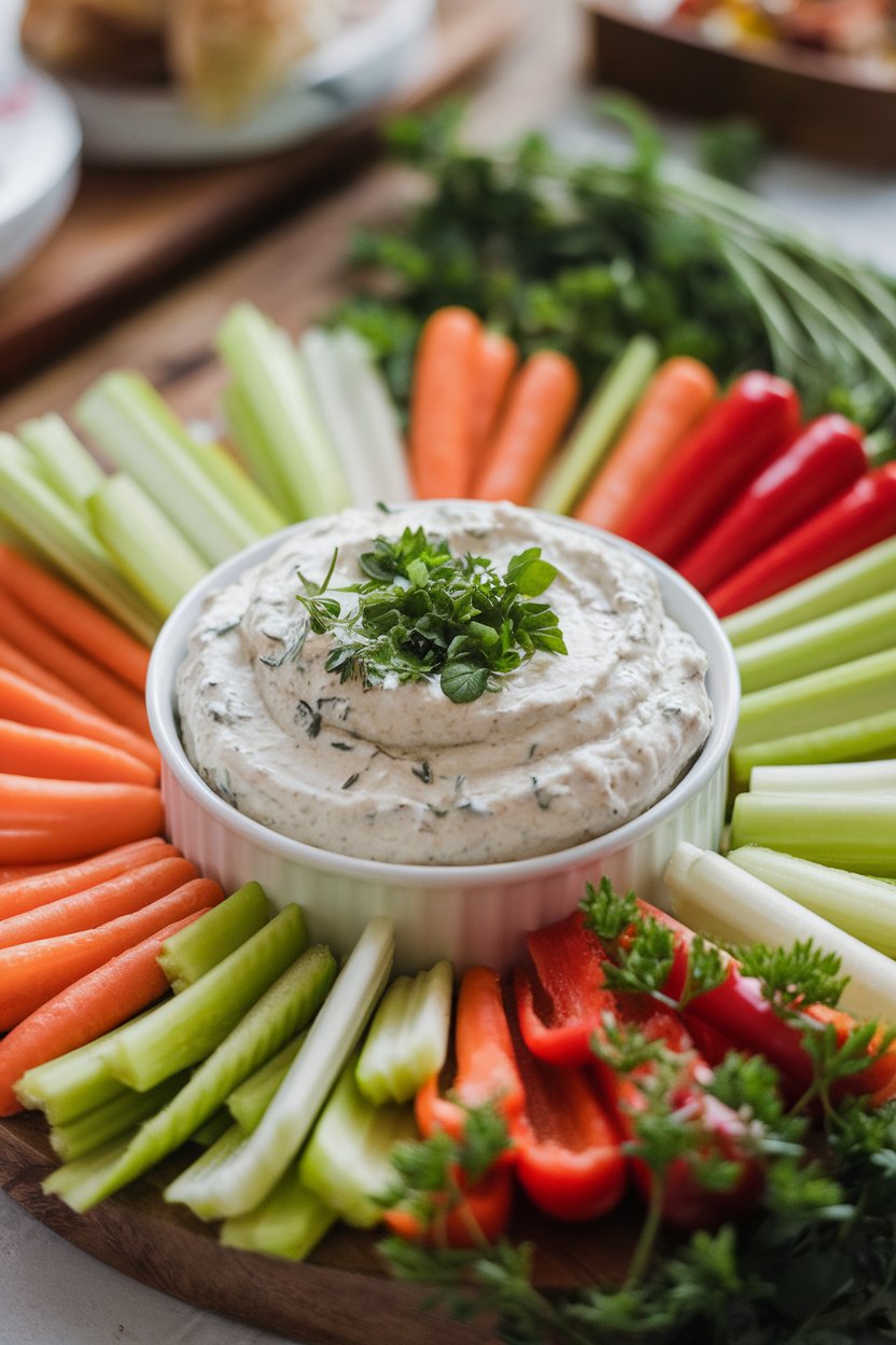 An indoor bowl of thick white dip flecked with herbs, surrounded by assorted raw vegetables. No text or logos. Photo, not illustration.