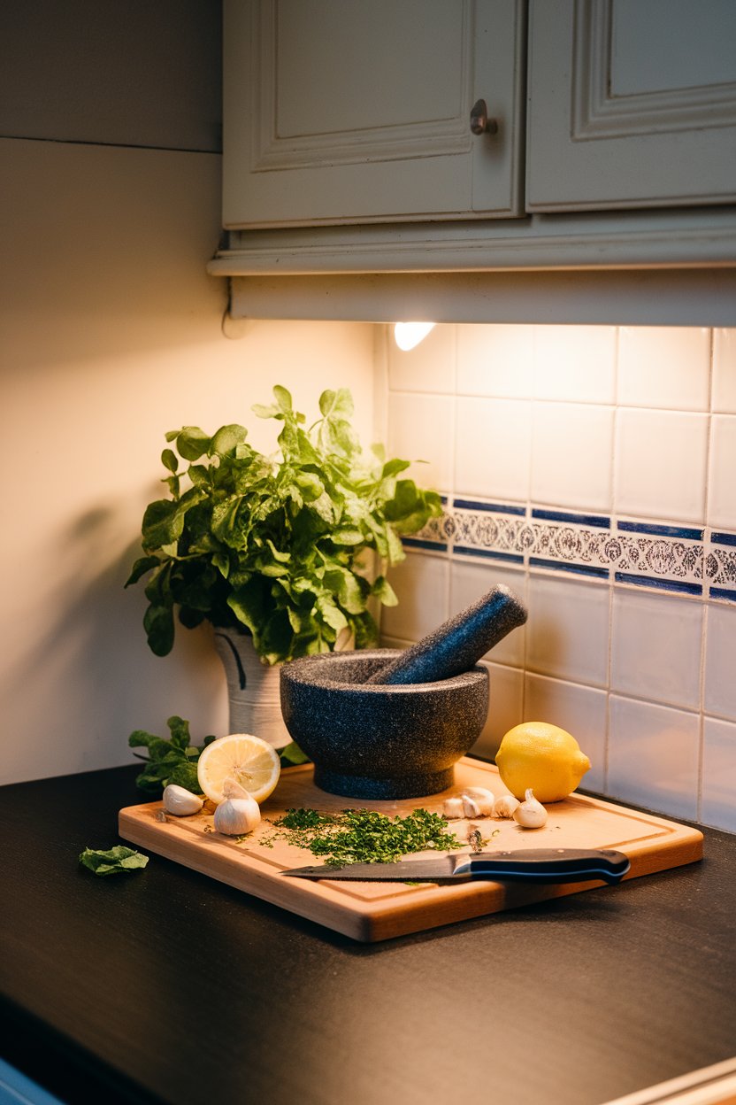 Photo of an indoor kitchen counter displaying a mortar and pestle beside fresh herbs, garlic, and lemon; warm task lighting; no text or logos.