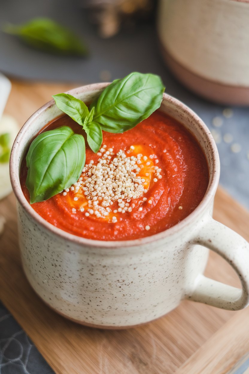 An indoor soup mug filled with tomato quinoa soup, basil leaves floating on top. No text or logos. Photo, not illustration.