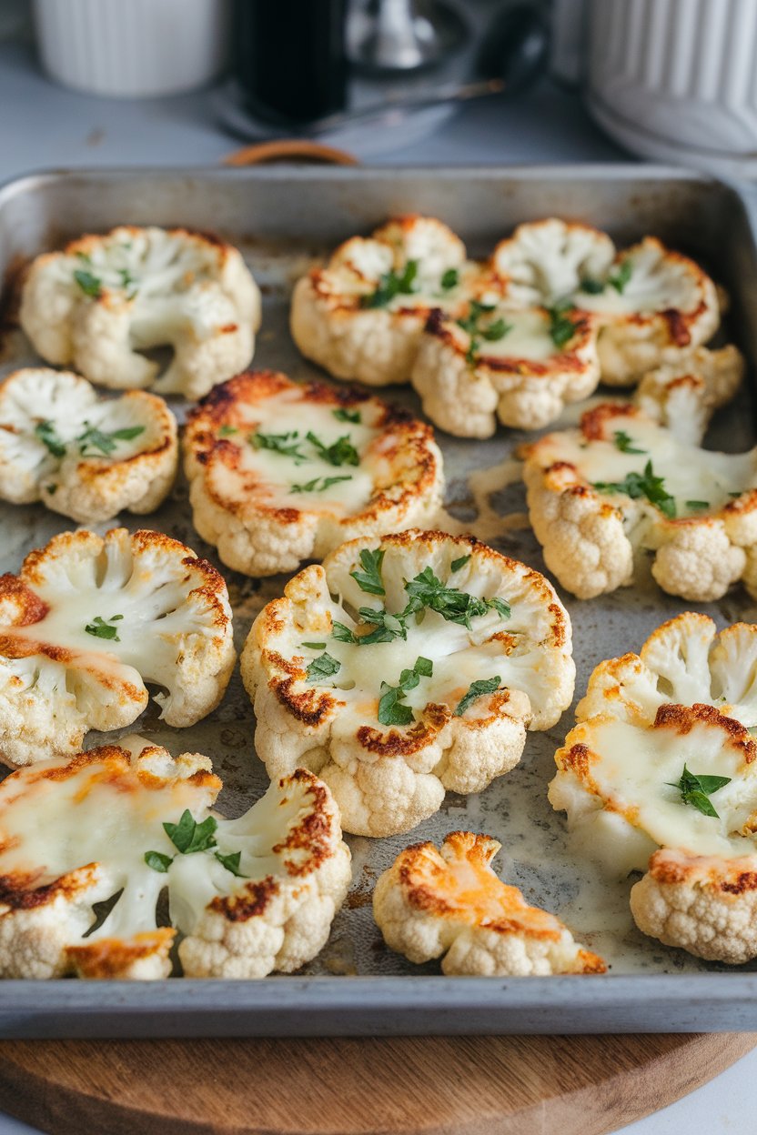 Indoor baking tray with sliced cauliflower “steaks” topped with melted Parmesan—no text or logos.